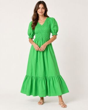 BOII Green Smocked Puff Sleeve Maxi Dress XS Cotton Tiered Ruffle Cottagecore